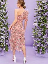 Belle One Shoulder Ruched Ruffle Hem Floral Dress